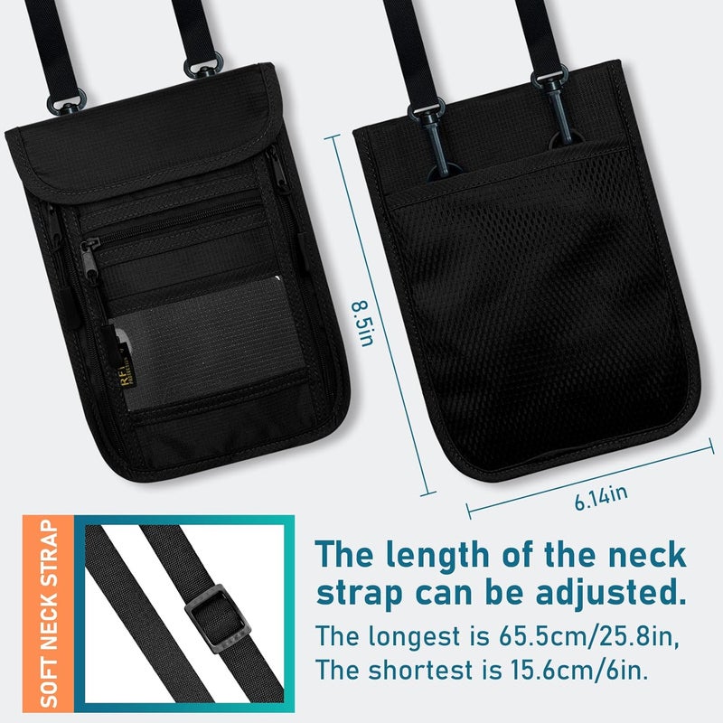 Sundee Travel Neck Wallet with Double Zippers, RFID Blocking Passport Holder with Adjustable Neck Strap for Men and Women to Keep Cash, Credit Cards and Travel Documents Safe - Black - Image 5
